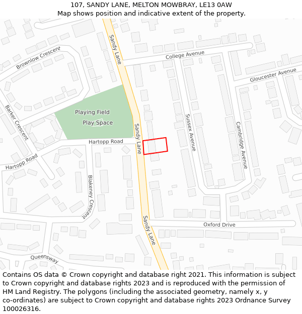 107, SANDY LANE, MELTON MOWBRAY, LE13 0AW: Location map and indicative extent of plot