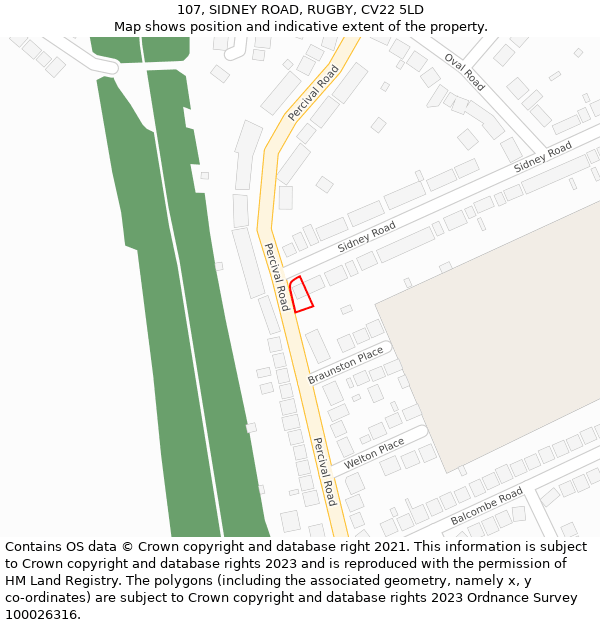 107, SIDNEY ROAD, RUGBY, CV22 5LD: Location map and indicative extent of plot