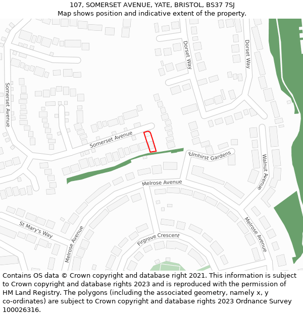 107, SOMERSET AVENUE, YATE, BRISTOL, BS37 7SJ: Location map and indicative extent of plot