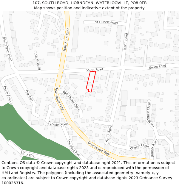 107, SOUTH ROAD, HORNDEAN, WATERLOOVILLE, PO8 0ER: Location map and indicative extent of plot