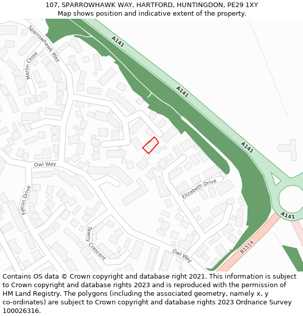 107, SPARROWHAWK WAY, HARTFORD, HUNTINGDON, PE29 1XY: Location map and indicative extent of plot