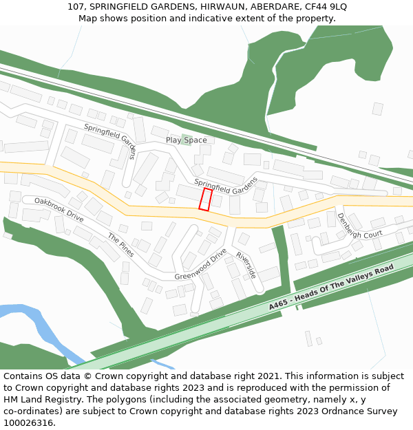 107, SPRINGFIELD GARDENS, HIRWAUN, ABERDARE, CF44 9LQ: Location map and indicative extent of plot