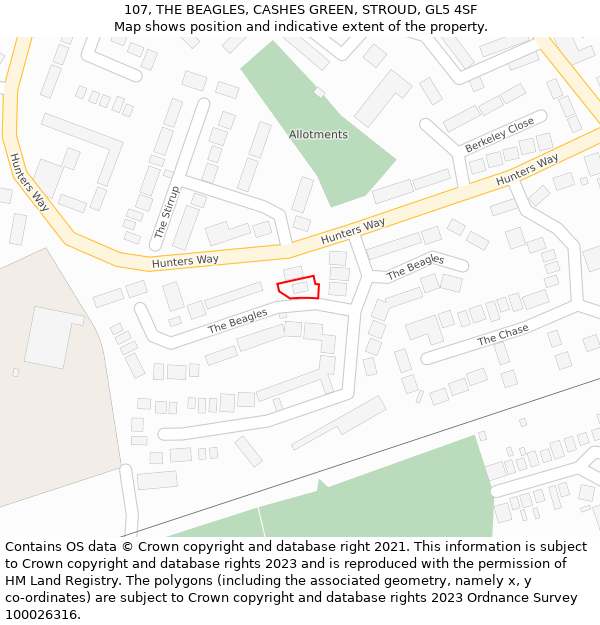 107, THE BEAGLES, CASHES GREEN, STROUD, GL5 4SF: Location map and indicative extent of plot