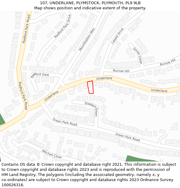 107, UNDERLANE, PLYMSTOCK, PLYMOUTH, PL9 9LB: Location map and indicative extent of plot