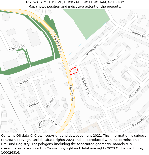 107, WALK MILL DRIVE, HUCKNALL, NOTTINGHAM, NG15 8BY: Location map and indicative extent of plot