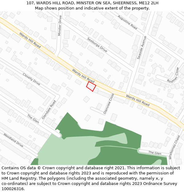 107, WARDS HILL ROAD, MINSTER ON SEA, SHEERNESS, ME12 2LH: Location map and indicative extent of plot