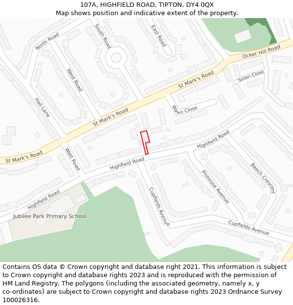 107A, HIGHFIELD ROAD, TIPTON, DY4 0QX: Location map and indicative extent of plot