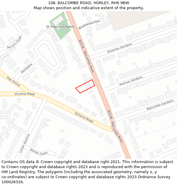 108, BALCOMBE ROAD, HORLEY, RH6 9BW: Location map and indicative extent of plot