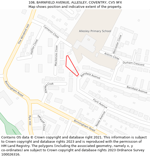 108, BARNFIELD AVENUE, ALLESLEY, COVENTRY, CV5 9FX: Location map and indicative extent of plot