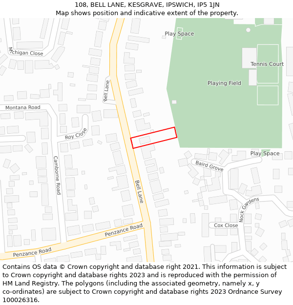 108, BELL LANE, KESGRAVE, IPSWICH, IP5 1JN: Location map and indicative extent of plot