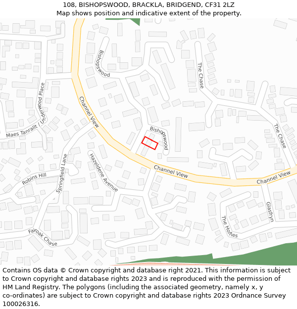 108, BISHOPSWOOD, BRACKLA, BRIDGEND, CF31 2LZ: Location map and indicative extent of plot