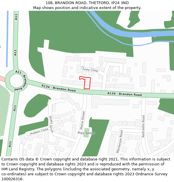 108, BRANDON ROAD, THETFORD, IP24 3ND: Location map and indicative extent of plot