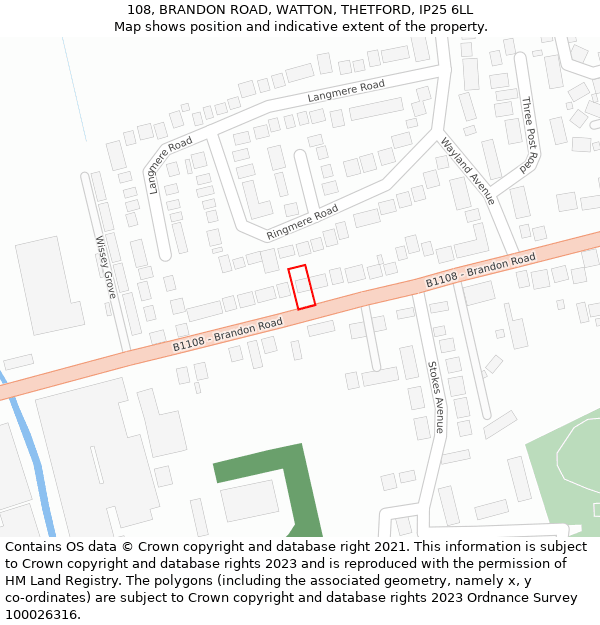 108, BRANDON ROAD, WATTON, THETFORD, IP25 6LL: Location map and indicative extent of plot