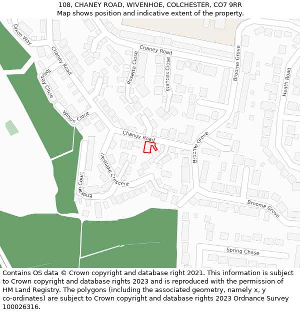 108, CHANEY ROAD, WIVENHOE, COLCHESTER, CO7 9RR: Location map and indicative extent of plot