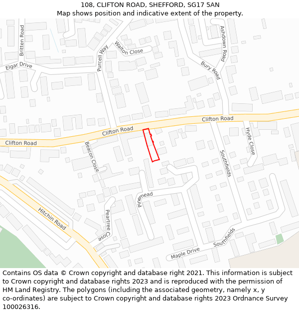 108, CLIFTON ROAD, SHEFFORD, SG17 5AN: Location map and indicative extent of plot