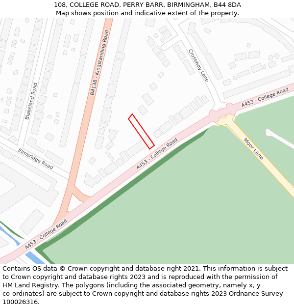 108, COLLEGE ROAD, PERRY BARR, BIRMINGHAM, B44 8DA: Location map and indicative extent of plot