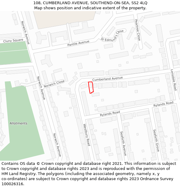 108, CUMBERLAND AVENUE, SOUTHEND-ON-SEA, SS2 4LQ: Location map and indicative extent of plot