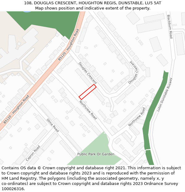 108, DOUGLAS CRESCENT, HOUGHTON REGIS, DUNSTABLE, LU5 5AT: Location map and indicative extent of plot