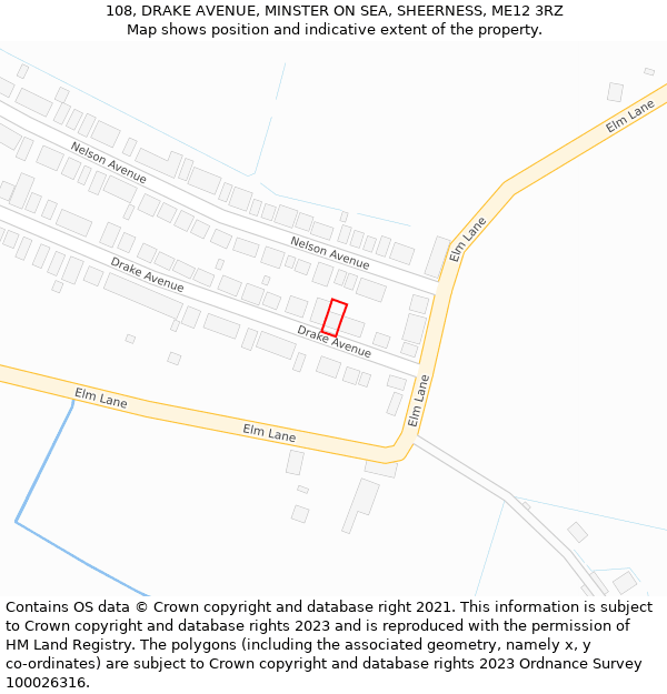 108, DRAKE AVENUE, MINSTER ON SEA, SHEERNESS, ME12 3RZ: Location map and indicative extent of plot