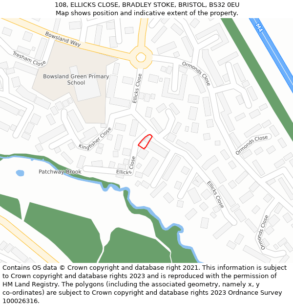 108, ELLICKS CLOSE, BRADLEY STOKE, BRISTOL, BS32 0EU: Location map and indicative extent of plot