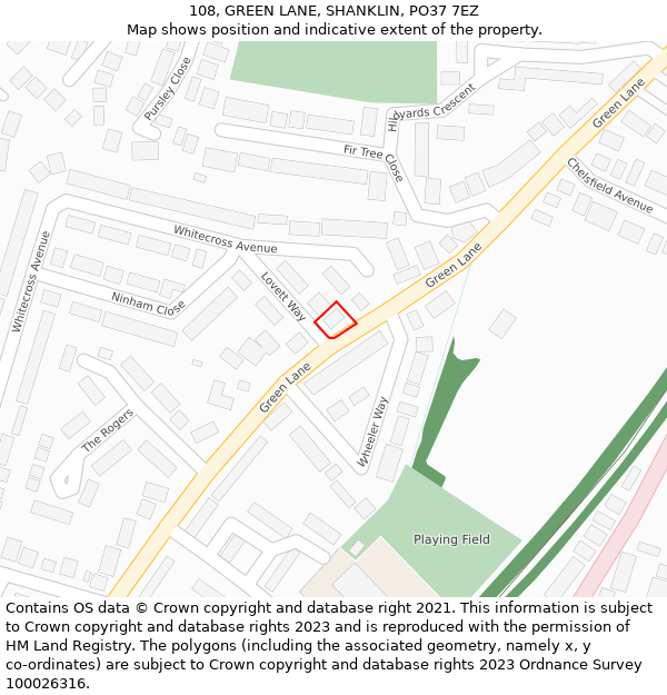 108, GREEN LANE, SHANKLIN, PO37 7EZ: Location map and indicative extent of plot