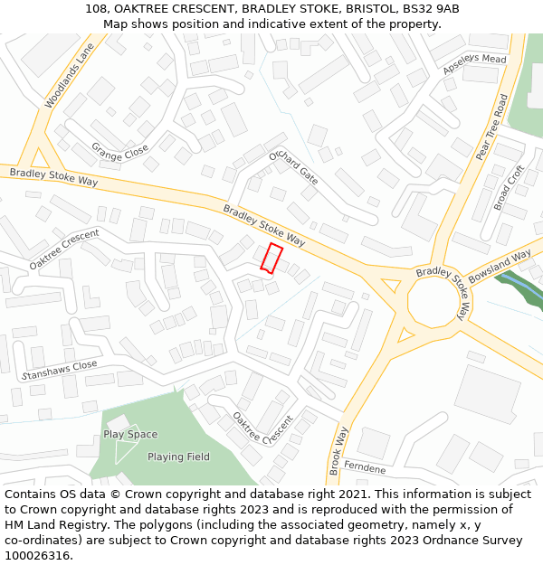 108, OAKTREE CRESCENT, BRADLEY STOKE, BRISTOL, BS32 9AB: Location map and indicative extent of plot