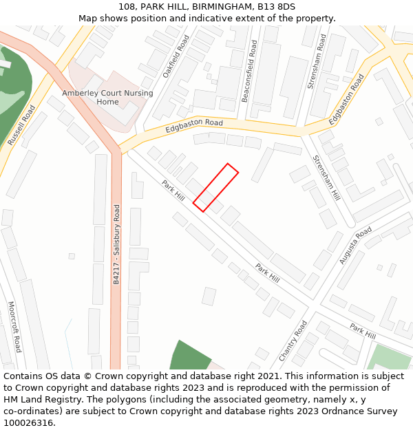 108, PARK HILL, BIRMINGHAM, B13 8DS: Location map and indicative extent of plot