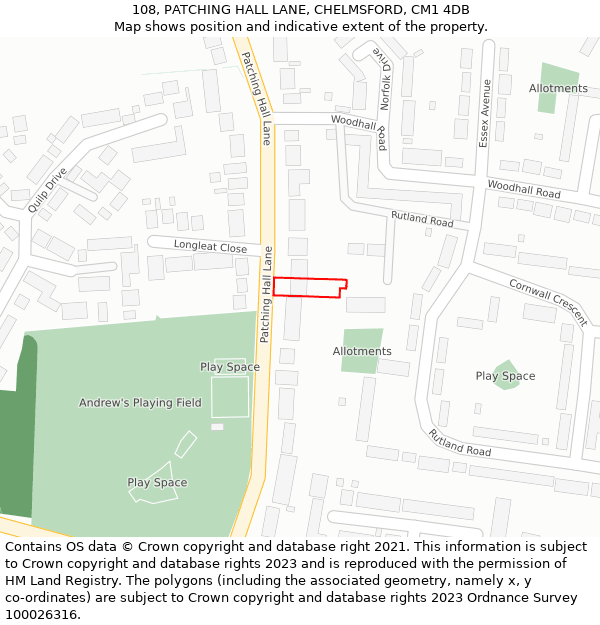 108, PATCHING HALL LANE, CHELMSFORD, CM1 4DB: Location map and indicative extent of plot