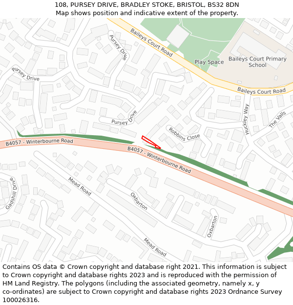 108, PURSEY DRIVE, BRADLEY STOKE, BRISTOL, BS32 8DN: Location map and indicative extent of plot