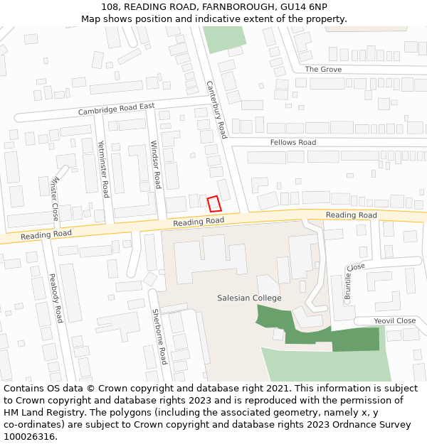 108, READING ROAD, FARNBOROUGH, GU14 6NP: Location map and indicative extent of plot