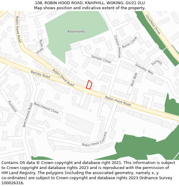 108, ROBIN HOOD ROAD, KNAPHILL, WOKING, GU21 2LU: Location map and indicative extent of plot