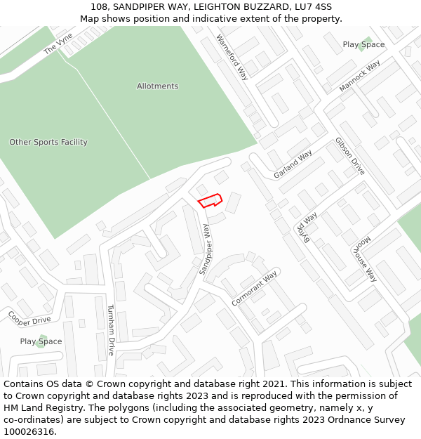 108, SANDPIPER WAY, LEIGHTON BUZZARD, LU7 4SS: Location map and indicative extent of plot