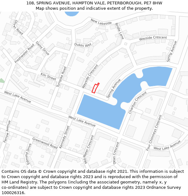 108, SPRING AVENUE, HAMPTON VALE, PETERBOROUGH, PE7 8HW: Location map and indicative extent of plot