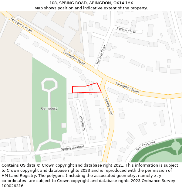 108, SPRING ROAD, ABINGDON, OX14 1AX: Location map and indicative extent of plot