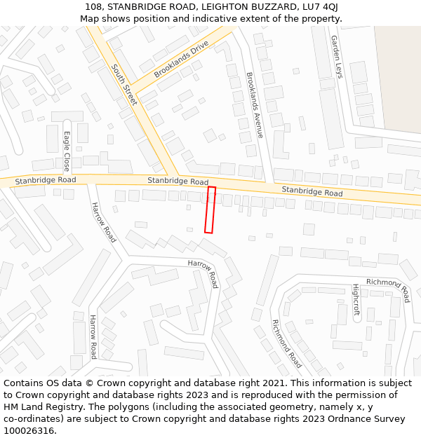 108, STANBRIDGE ROAD, LEIGHTON BUZZARD, LU7 4QJ: Location map and indicative extent of plot