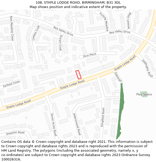 108, STAPLE LODGE ROAD, BIRMINGHAM, B31 3DL: Location map and indicative extent of plot