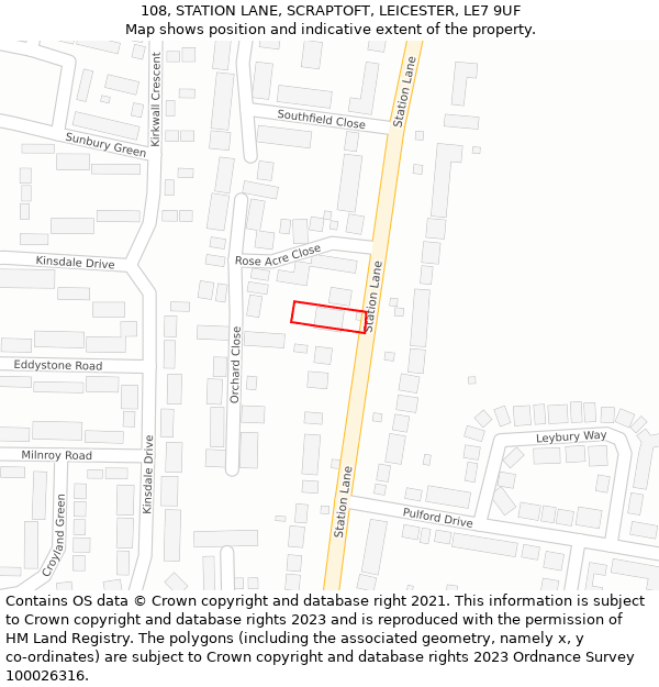 108, STATION LANE, SCRAPTOFT, LEICESTER, LE7 9UF: Location map and indicative extent of plot