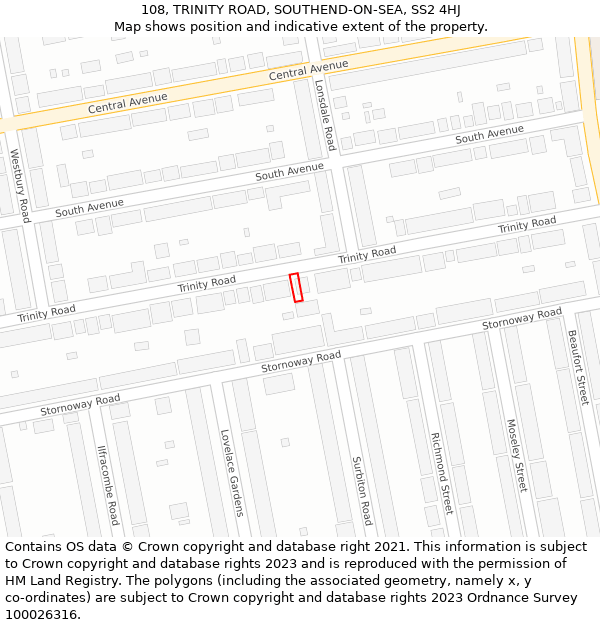 108, TRINITY ROAD, SOUTHEND-ON-SEA, SS2 4HJ: Location map and indicative extent of plot