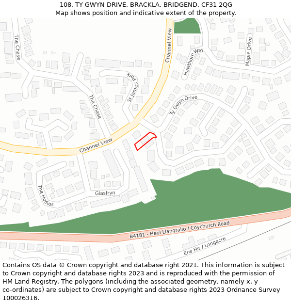 108, TY GWYN DRIVE, BRACKLA, BRIDGEND, CF31 2QG: Location map and indicative extent of plot