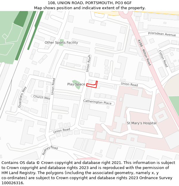 108, UNION ROAD, PORTSMOUTH, PO3 6GF: Location map and indicative extent of plot