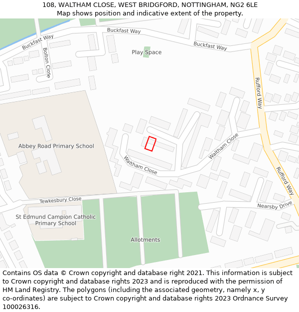 108, WALTHAM CLOSE, WEST BRIDGFORD, NOTTINGHAM, NG2 6LE: Location map and indicative extent of plot