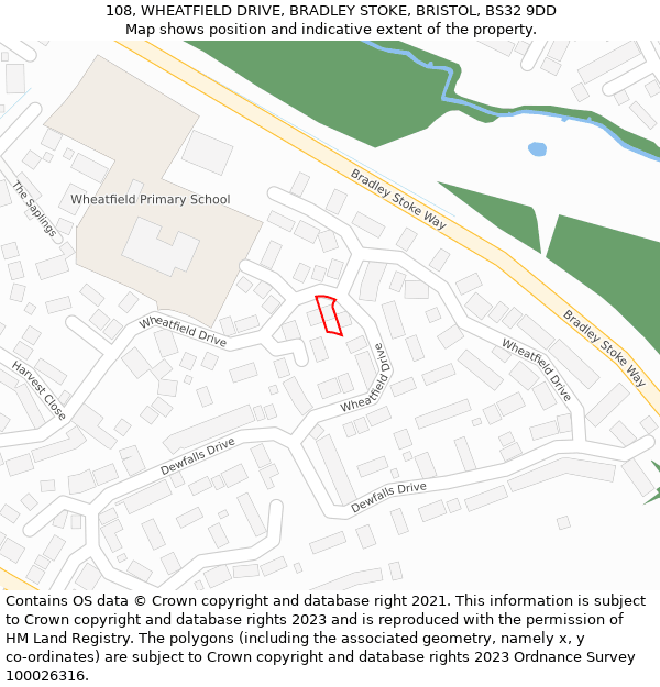 108, WHEATFIELD DRIVE, BRADLEY STOKE, BRISTOL, BS32 9DD: Location map and indicative extent of plot