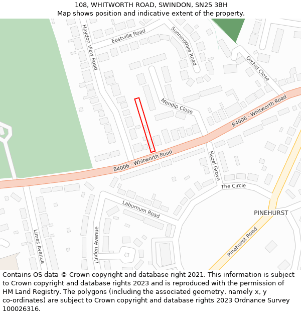 108, WHITWORTH ROAD, SWINDON, SN25 3BH: Location map and indicative extent of plot