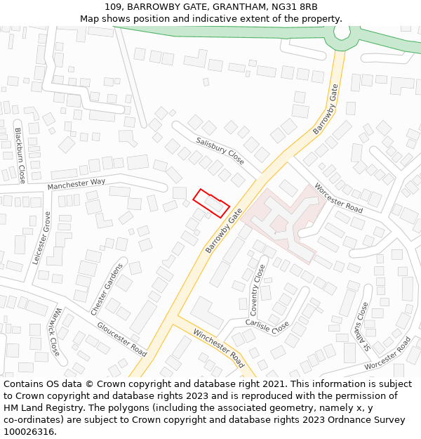 109, BARROWBY GATE, GRANTHAM, NG31 8RB: Location map and indicative extent of plot