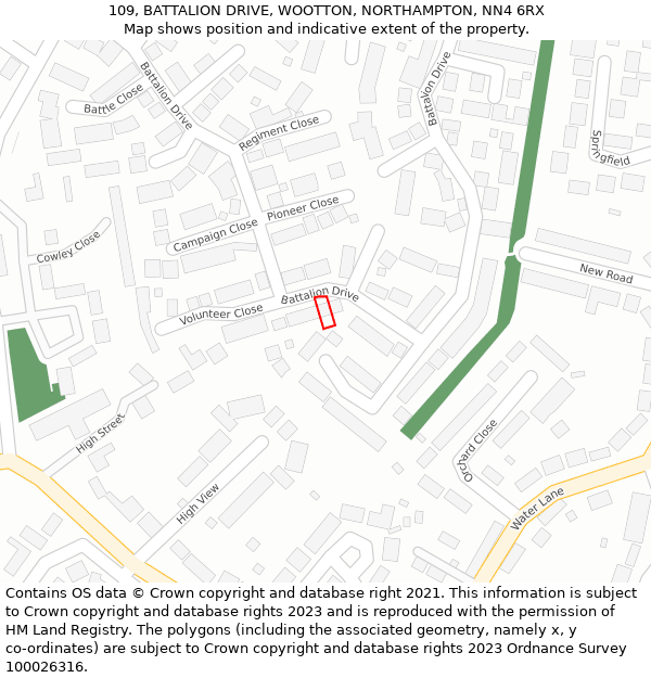 109, BATTALION DRIVE, WOOTTON, NORTHAMPTON, NN4 6RX: Location map and indicative extent of plot