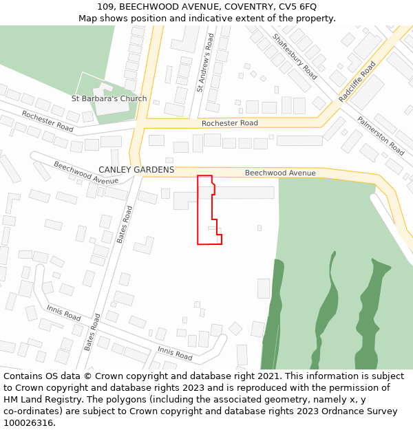 109, BEECHWOOD AVENUE, COVENTRY, CV5 6FQ: Location map and indicative extent of plot