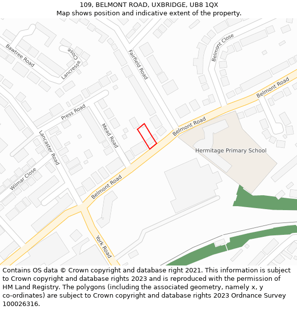 109, BELMONT ROAD, UXBRIDGE, UB8 1QX: Location map and indicative extent of plot