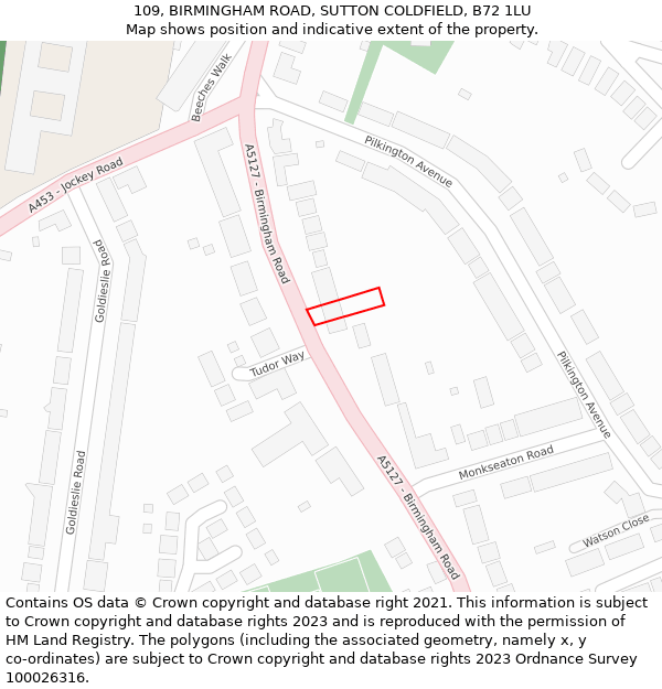 109, BIRMINGHAM ROAD, SUTTON COLDFIELD, B72 1LU: Location map and indicative extent of plot