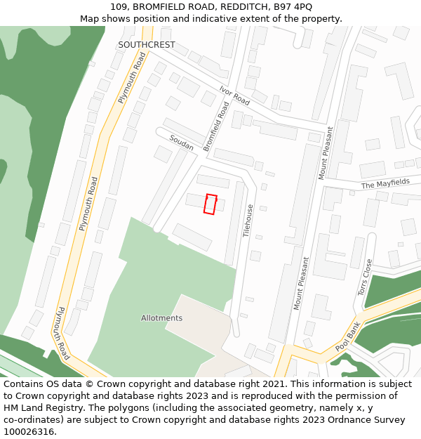 109, BROMFIELD ROAD, REDDITCH, B97 4PQ: Location map and indicative extent of plot