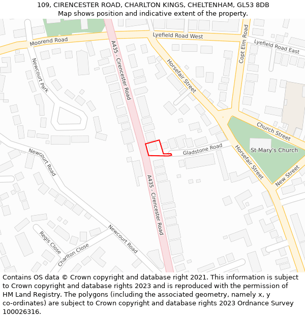 109, CIRENCESTER ROAD, CHARLTON KINGS, CHELTENHAM, GL53 8DB: Location map and indicative extent of plot
